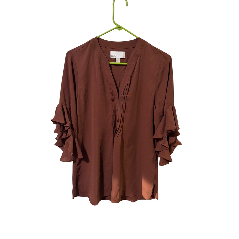 Nordstrom Rack Size Medium‎ Women Brown Ruffle Sleeve Split Neck Pleated Blouse